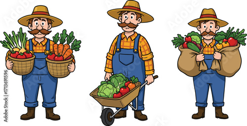 Cartoon farmers with vegetables, agriculture workers holding baskets, wheelbarrow, sacks, fresh organic produce, healthy food, rural lifestyle, gardening, harvest season, market