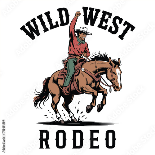 Wild West Cowboy Riding Bucking Horse Rodeo Vintage Western Illustration