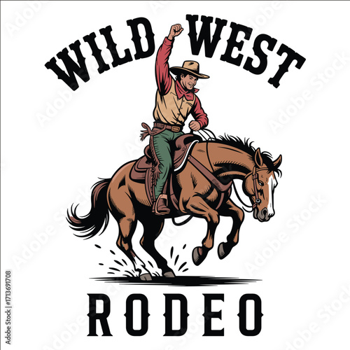 Wild West Cowboy Riding Bucking Horse Rodeo Vintage Western Illustration
