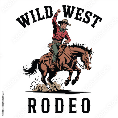 Wild West Cowboy Riding Bucking Horse Rodeo Vintage Western Illustration