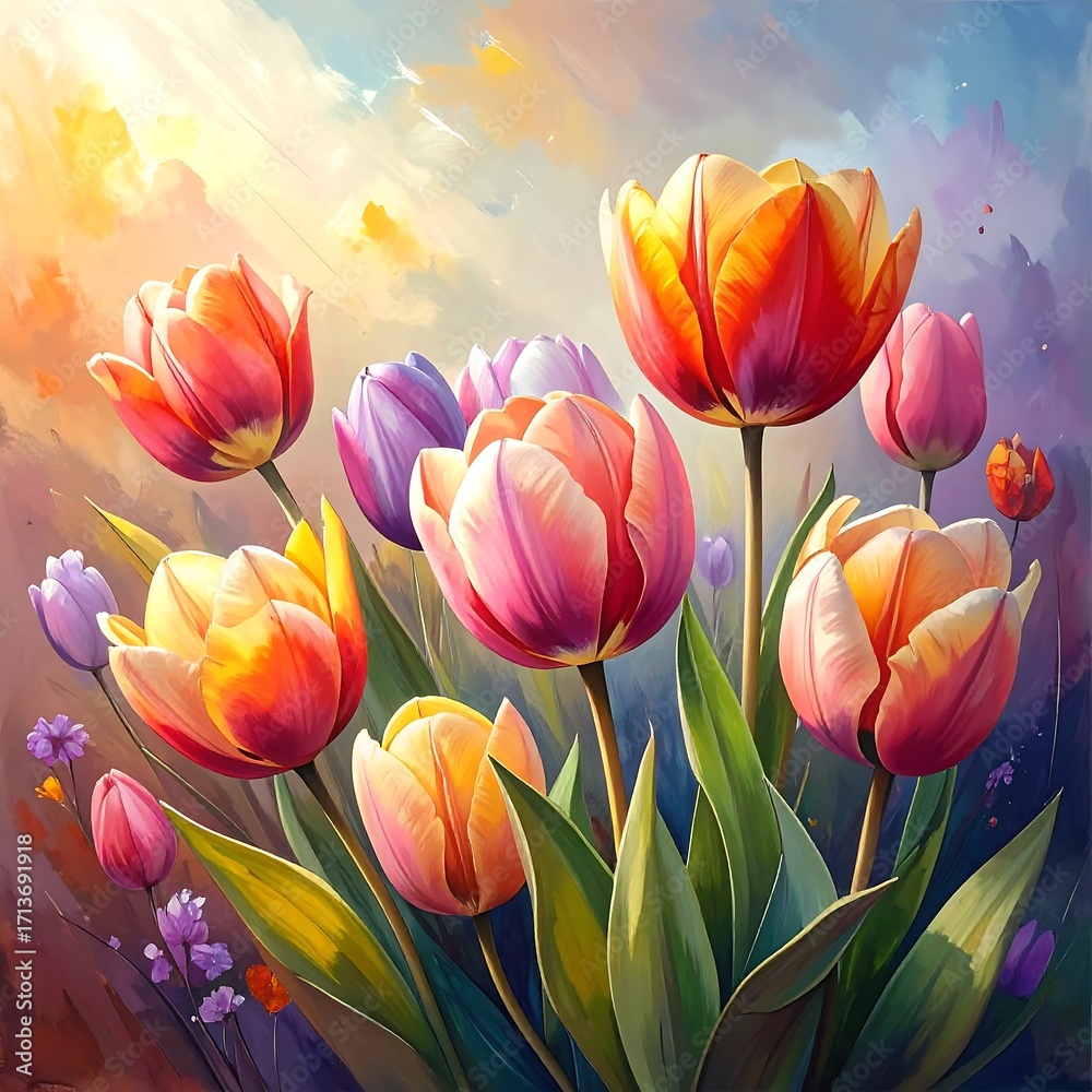 Fototapeta premium Vibrant tulips in a spring landscape