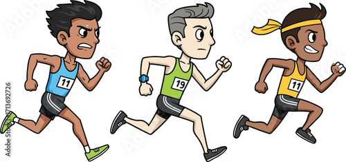 Cartoon runners in race, athletes in motion, sports competition, marathon, track and field, fitness, exercise, healthy lifestyle, speed, determination, illustration