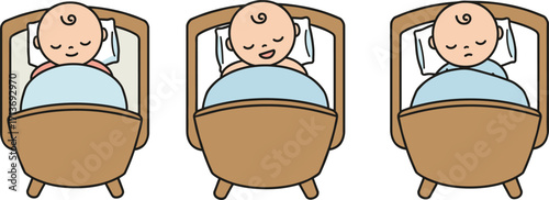 Cartoon babies in cribs, sleeping and awake expressions, childcare, parenting, newborn care, infant emotions, nursery illustration, baby sleep, cute character art