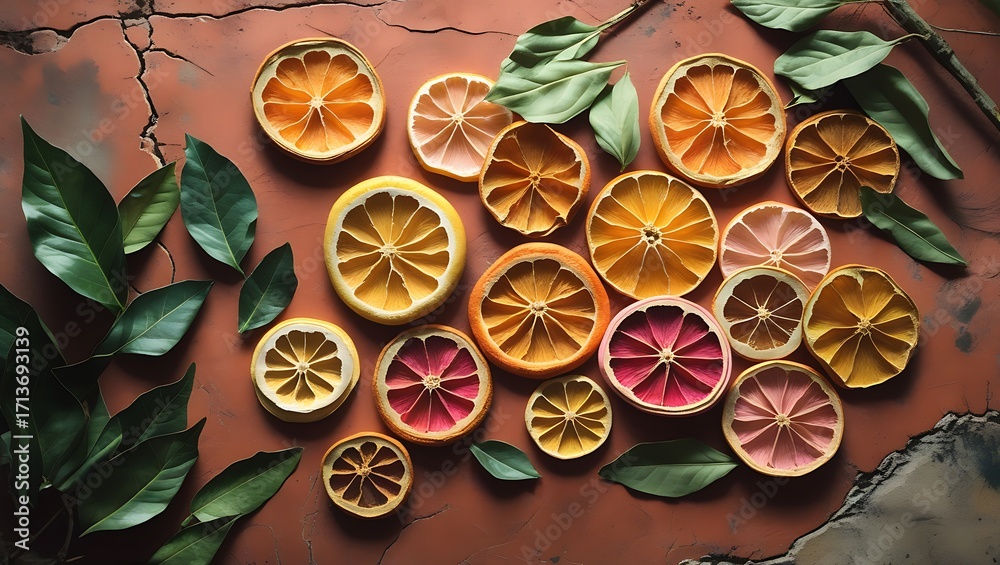 Flat lay of dried citrus slices in orange, yellow, and pink with fresh green leaves on rustic terracotta, softly lit to highlight textures and evoke a warm, natural, organic lifestyle aesthetic.
