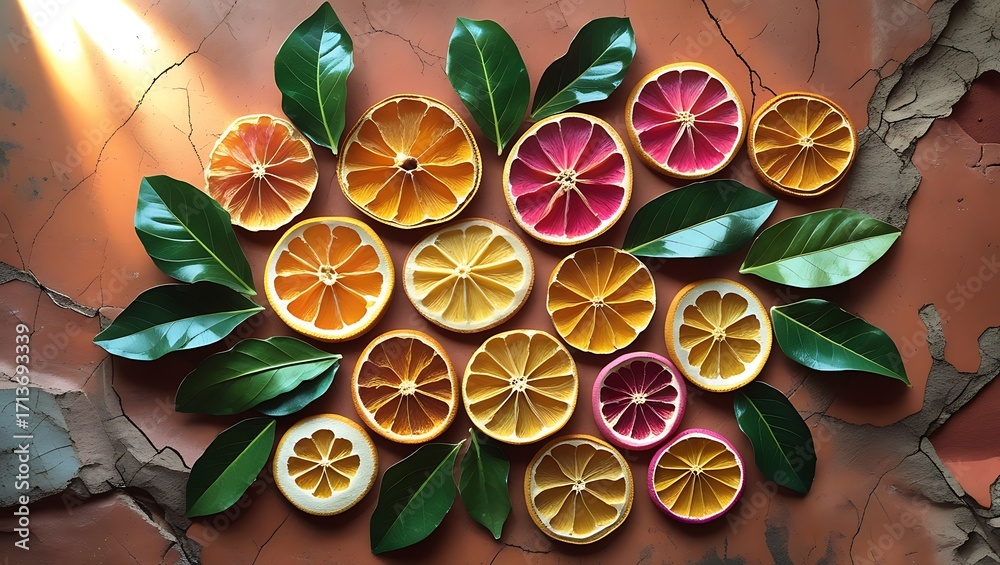 Flat lay of dried citrus slices in orange, yellow, and pink with fresh green leaves on rustic terracotta, softly lit to highlight textures and evoke a warm, natural, organic lifestyle aesthetic.
