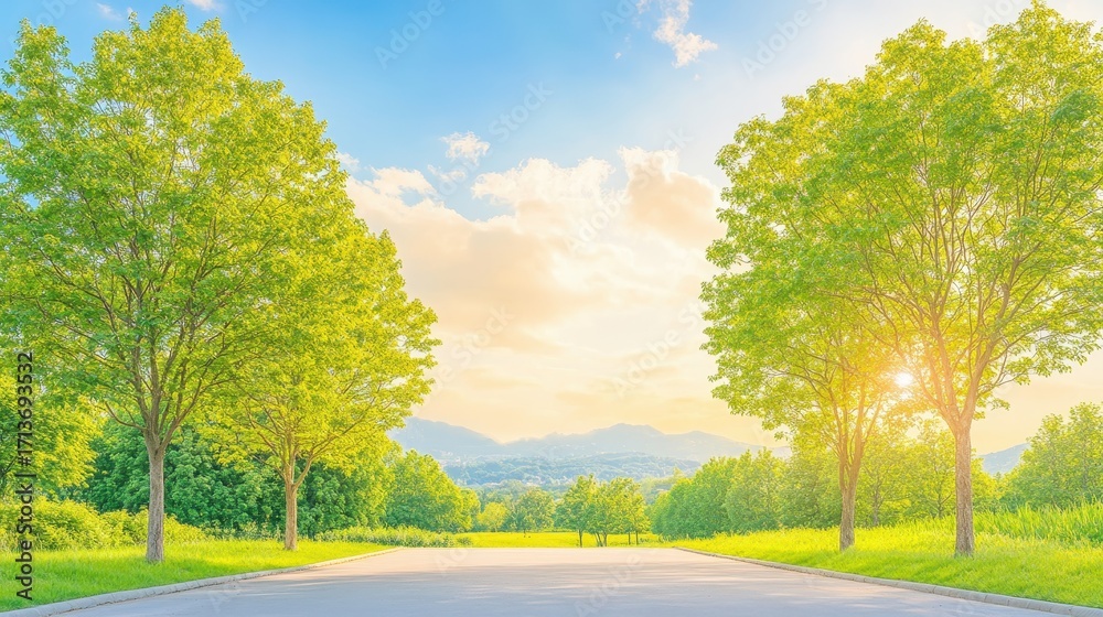 Naklejka premium Peaceful summer nature landscape with trees, road and sunlight under a blue sky. Tranquility and green environment. Scenic outdoor meadow, vibrant park, lush countryside, ideal for vacation, tourism