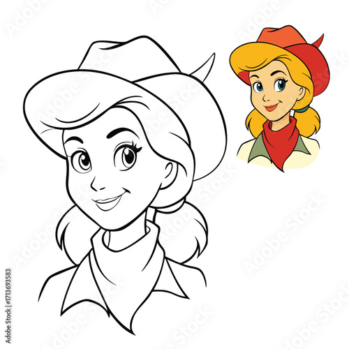 A bold cowgirl outlaw portrait, wearing a bandana and hat, ready for adventure. Perfect for coloring, capturing wild west attitude and fearless style.
