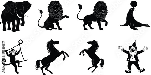 Circus silhouettes vector set with lion, elephant, horse, seal with ball, monkey on swing, and happy clown performer.