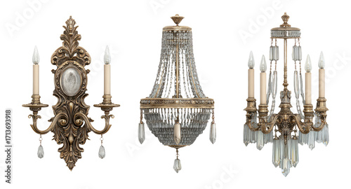 Elegant Vintage Chandeliers and Wall Sconces with Transparent Background