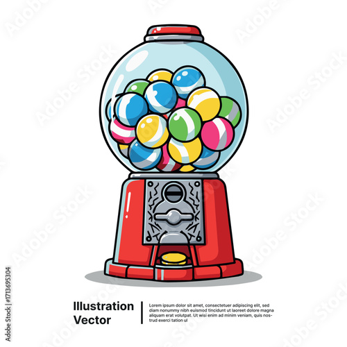 Retro Red Gumball Machine Filled With Colorful Candy Balls, Classic Arcade Toy