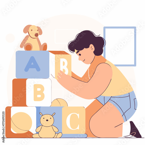 Young child stacking alphabet blocks with toys in playroom setting  