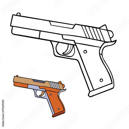 A detailed pistol gun coloring page featuring a realistic handgun outline, perfect for art enthusiasts to color, explore shapes, and practice shading creatively.
