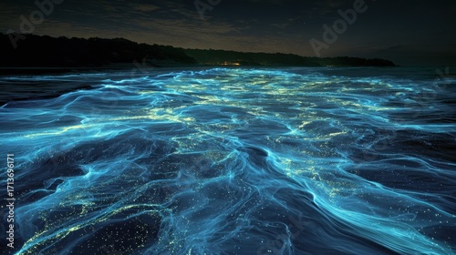 Bioluminescent Waves - Glowing Blue Sea at Night, Coastal Magic.