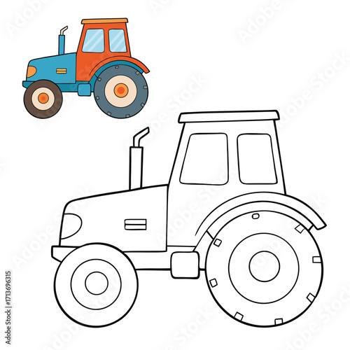 A fun tractor coloring page featuring a sturdy farm tractor with big wheels, detailed body, and plowing fields, perfect for kids to color and explore farm life.
