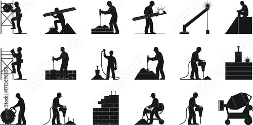 Construction Worker Silhouettes Performing Various Industrial Jobs with Tools and Machinery – Vector Icons for Building Site and Labor Illustrations