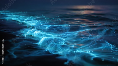 Bioluminescent Waves - Nighttime Ocean Glow, Serene Coastal Scene.