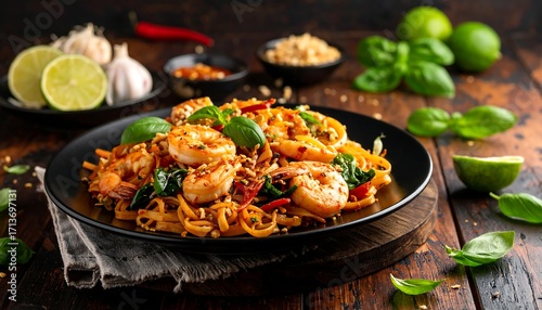 Spicy shrimp noodles on a dark plate
