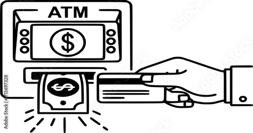 ATM Cash Withdrawal Icon Vector. Illustration of money transaction, banking service, or financial access symbols in line and filled style