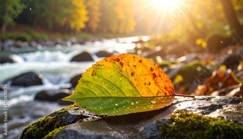 Autumn leaf on a mossy rock by a flowing stream