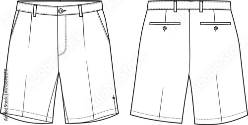 Men’s chino shorts flat sketch, front and back technical view, button waist design, vector fashion CAD drawing, apparel template illustration