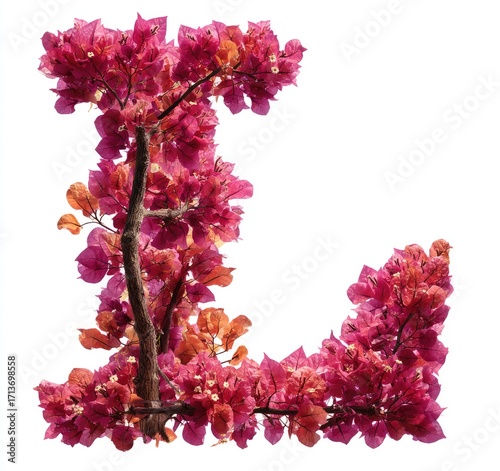 Capital letter L formed from pink bougainvillea flowers and branches
