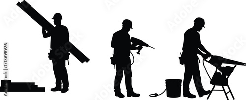 Construction Workers Silhouettes with Wood Beams, Power Drill, and Circular Saw – Black and White Vector Illustration