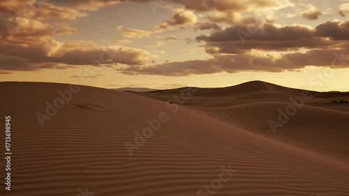 Golden Sand Dunes Landscape Against Cloudy Sky at Sunset in Arid Wilderness