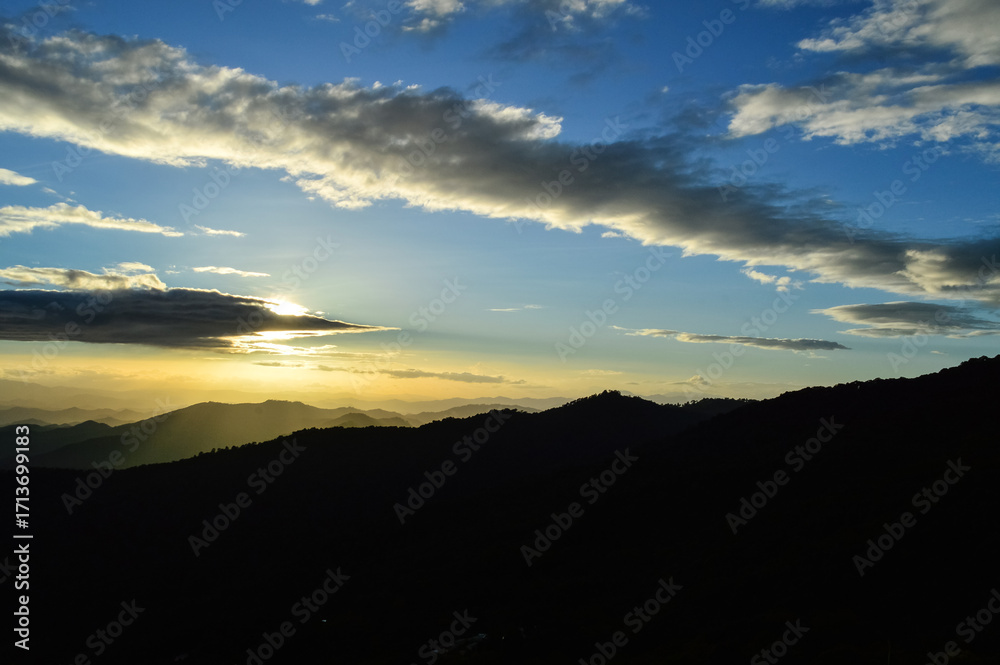 Fototapeta premium Landscape Sunset in Twilight time Over the Mountains in the Evening at Doi Suthep-Pui National Park,Chiang mai, Northern Thailand.