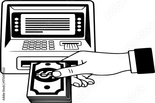 ATM Cash Withdrawal Icon Vector. Illustration of money transaction, banking service, or financial access symbols in line and filled style