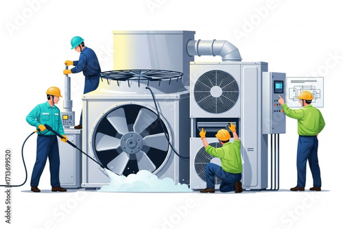 "Technicians Performing Preventive Service on Large Rooftop HVAC Units"
