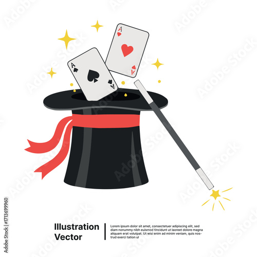 Magic Hat Illusion with Playing Cards and Wand for Entertainment and Performance Concepts