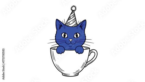 Whimsical Feline Fiesta: A charming blue cat with a festive party hat playfully peeks out of a delicate teacup, exuding a joyful celebration vibe in a cartoon illustration style.