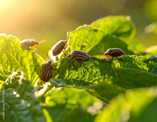 Striped beetles on vibrant green leaves