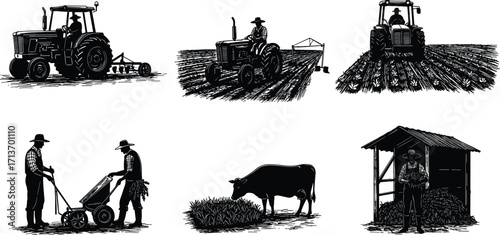Detailed black silhouette vector illustration of farmers driving tractors, plowing fields, feeding livestock, planting seeds, and working in rural agriculture.