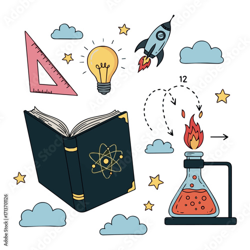 Science Education Concept Book, Lightbulb, Rocket, and Lab Equipment in Cartoon Illustration