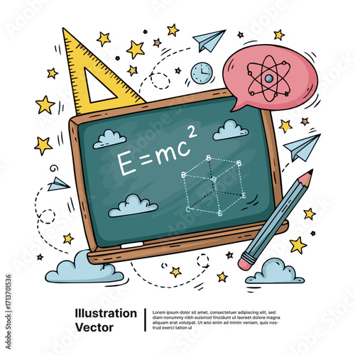 Education and Science Symbols with E=mc2 Equation and Atom Illustration on Blackboard