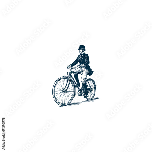 Classic vintage engraving style illustration featuring a well-dressed Victorian gentleman in a top hat and coat riding a bicycle
