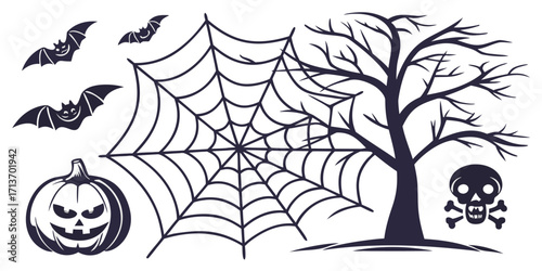 Halloween vector elements silhouette mega set including pumpkins, ghosts, witches, bats, and spooky icons. Editable vector illustration for posters, social media, seasonal design, and branding.