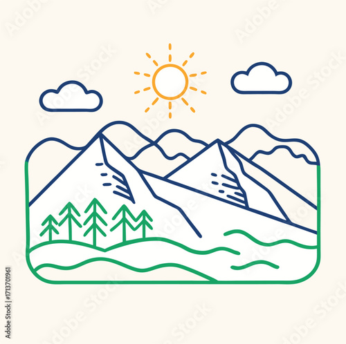 Summer nature landscape with sun, mountains, and clouds over the ocean