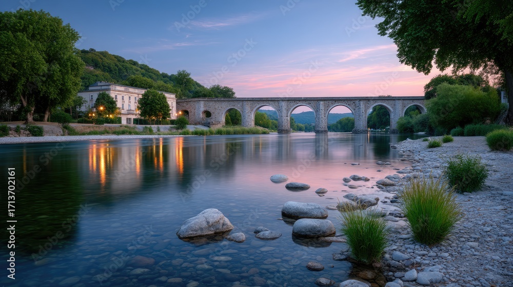 Fototapeta premium Ancient Stone Bridge Reflections on Serene River in Sunset Light Cinematic HDR Landscape with Trees Architecture and Clear Sky Scenery
