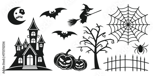 Halloween vector elements silhouette mega set including pumpkins, ghosts, witches, bats, and spooky icons. Editable vector illustration for posters, social media, seasonal design, and branding.