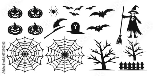 Halloween vector elements silhouette mega set including pumpkins, ghosts, witches, bats, and spooky icons. Editable vector illustration for posters, social media, seasonal design, and branding.