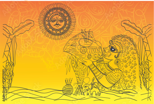 happy chhath puja Devotional Offering to the Sun in Madhubani Art