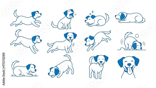Playful Poses: A collection of playful puppy illustrations, showcasing various poses and actions, with a simplistic, line-art style, full of energy and joy.
