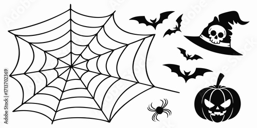 Halloween vector elements silhouette mega set including pumpkins, ghosts, witches, bats, and spooky icons. Editable vector illustration for posters, social media, seasonal design, and branding.