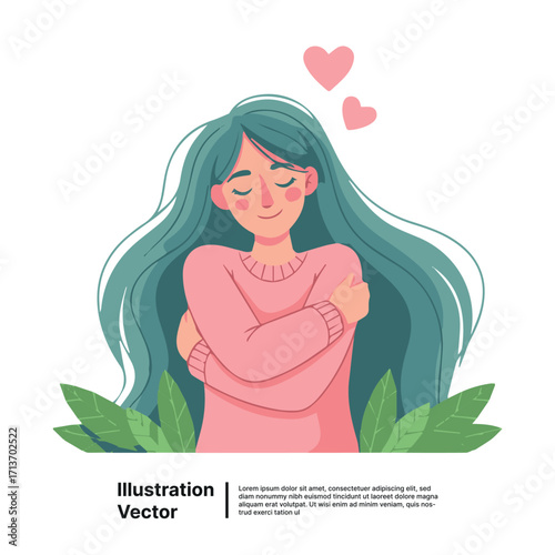Illustration of a woman hugging herself with hearts, symbolizing self-love and care, vector design