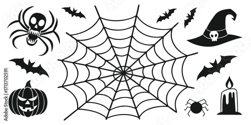 Halloween vector elements silhouette mega set including pumpkins, ghosts, witches, bats, and spooky icons. Editable vector illustration for posters, social media, seasonal design, and branding.