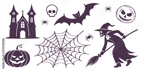 Halloween vector elements silhouette mega set including pumpkins, ghosts, witches, bats, and spooky icons. Editable vector illustration for posters, social media, seasonal design, and branding.