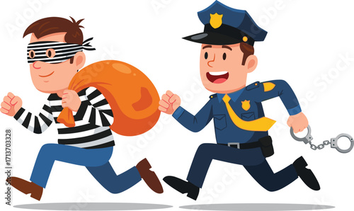 Cartoon policeman chasing thief with sack of money, funny crime scene, cartoon police chase, criminal running, law enforcement pursuit