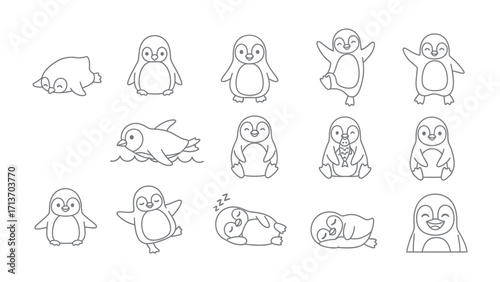Adorable Penguin Line Art Collection: A collection of delightful line art illustrations showcasing the varied activities and personalities of charming penguins.